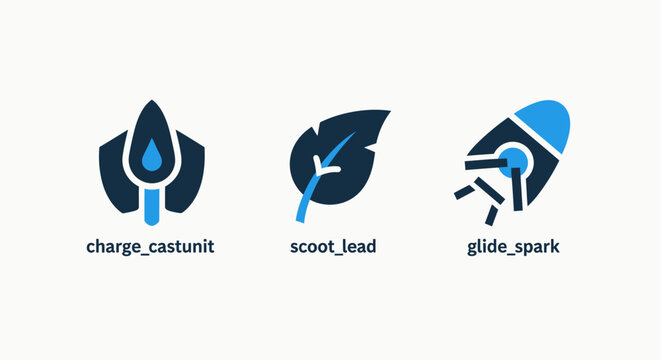 Collection of three conceptual icons: charge constant with flame shape leaf for scool load stylized rocket for glide spark abstract icon illustration constant environment technology