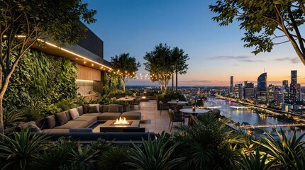 Obraz premium luxurious rooftop terrace with lounge seating, fire pit and dining area at dusk. lush greenery and string lights. panoramic city skyline view with river. real estate, hospitality, urban lifestyle.