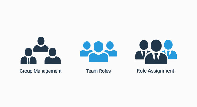 Professional flat icon set for group management team roles role assignment illustrating organizational structure and human resources department workflow management assignment business