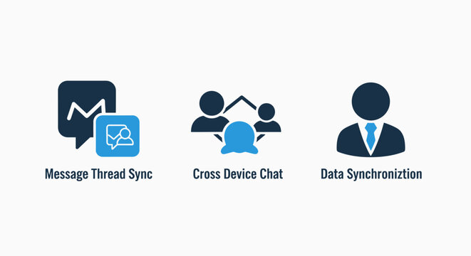 Digital communication icons representing message thread synchronization cross device chat connectivity and user data updates with synchronization communication connection technology platform