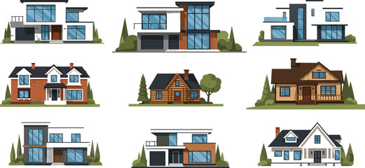 Fototapeta premium Modern houses collection with contemporary and rustic homes, residential architecture set with glass, wood and brick buildings isolated on light background vector