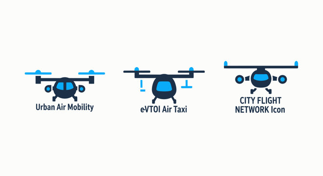 Set of urban air mobility icons featuring e vtol air taxi and city flight network aviation mobility aircraft transportation technology aerospace infrastructure transport autonomous commuting