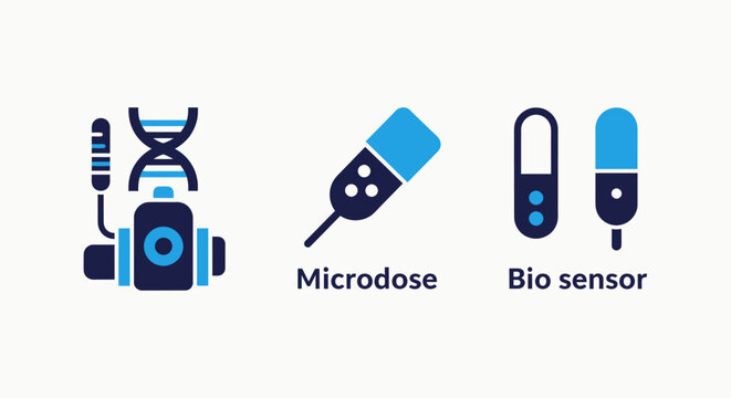 Biotechnology research and medical bio sensor technology icons with microdose genetics laboratory research pharmaceutical technology innovation healthcare diagnostic chemical analysis
