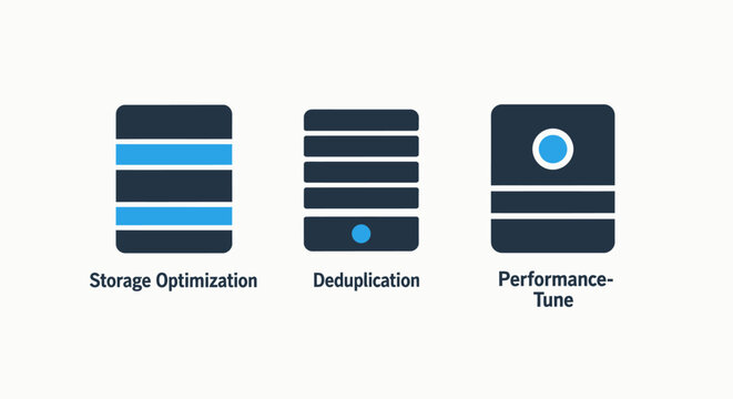 Data management and server optimization icons for storage and performance with optimization deduplication performance database computing management information technology efficiency capacity