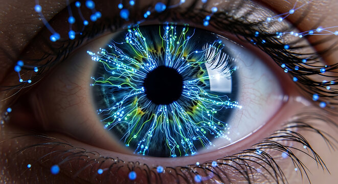 Futuristic digital eye with glowing neural network patterns reflecting technology and innovation
