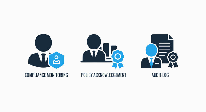 Corporate compliance monitoring policy acknowledgement and audit log icons with compliance monitoring business security regulation corporate governance management document standard reporting