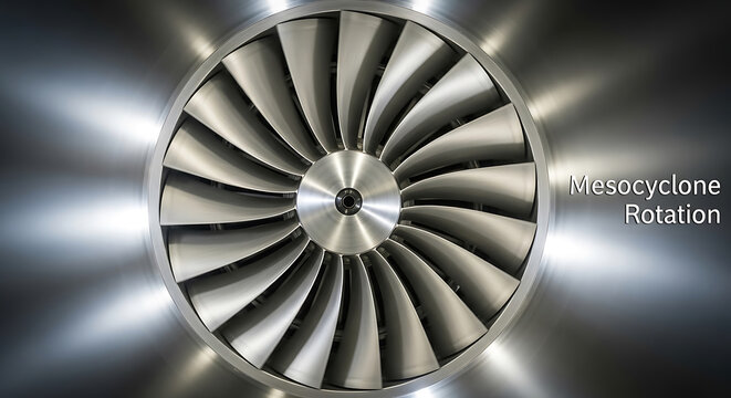 Mesocyclone rotation creates a powerful storm with rotating turbine blades in a dark environment.