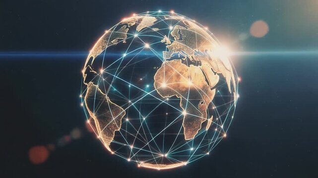 A glowing Earth globe with a global network of interconnected lines and dots, symbolizing worldwide communication and digital connectivity.