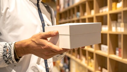 Fototapeta premium A person in a white lab coat holding a small white box