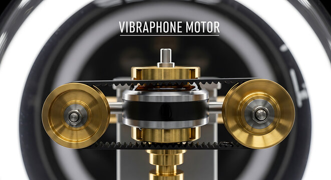 A mechanical engineer examines a detailed vibraphone motor mechanism with golden resonating chambers and metal components in an industrial workshop setting.