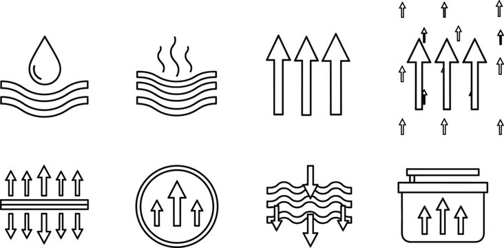 Breathable fabric vector icon set featuring absorbent material properties air flow arrows and moisture wicking textile line illustrations.