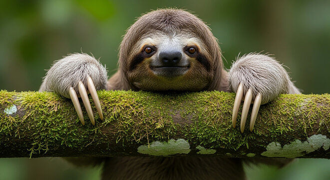 Adorable three-toed sloth hanging on a moss-covered branch, smiling gently at the camera keywords: sloth, three-toed