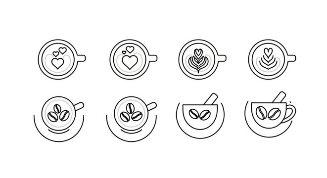 Top view of coffee cups with latte art and coffee beans, presenting decorative patterns and organic elements in line art style