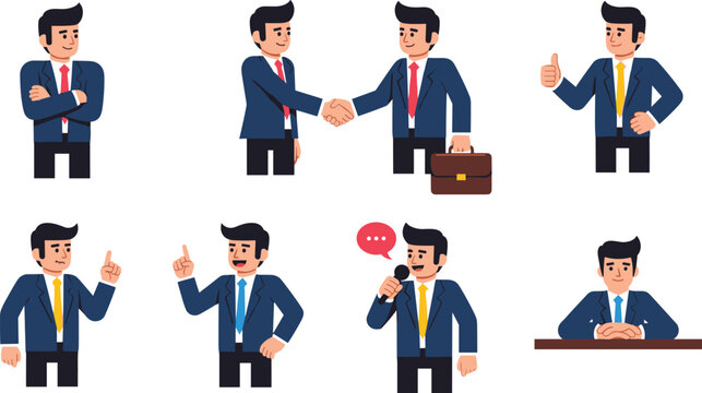 Businessman Character Set with Multiple Poses and Gestures for Corporate Presentations, Marketing, and Business Communication Designs