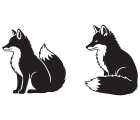 Obraz premium Two black and white foxes sitting side-by-side with line art wild animal forest animal wildlife predator side view whiskers