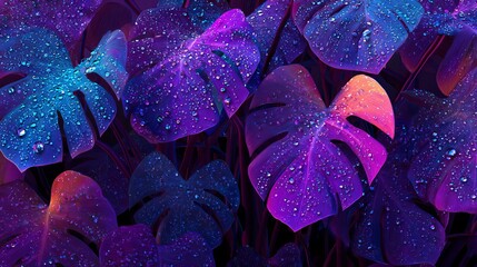 Monstera plant, with water drops, glows in neon purple, magenta, and cyan within a botanical garden, set against a dark backdrop.