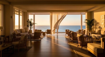 Fototapeta premium Luxury hotel lobby with ocean view at sunset.