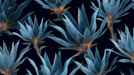 Naklejka premium Agave cactus forms an abstract pattern on a dark blue background.