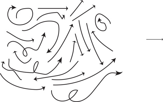 Many curved arrows pointing in different directions on white background