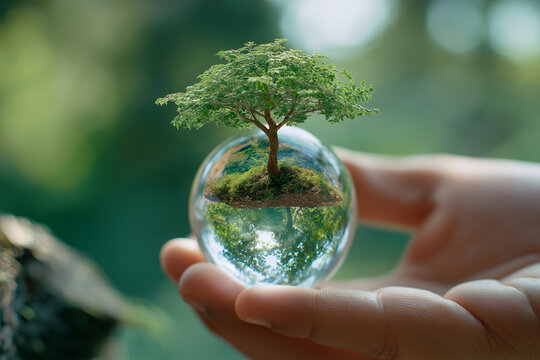 Hand holding glass globe ball with tree growing and green nature blur background. eco concept 