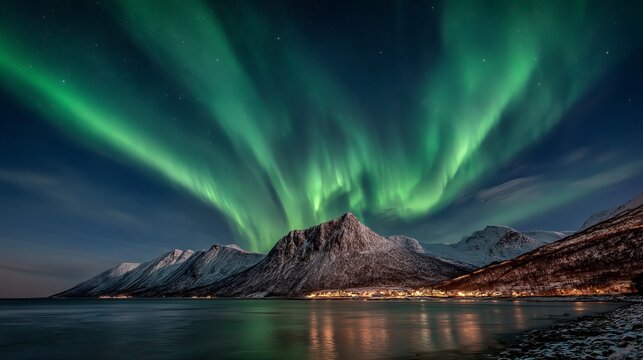 Northern lights danced above Mefjord and Breidtind mountain in Norway's Troms and Finnmark region.