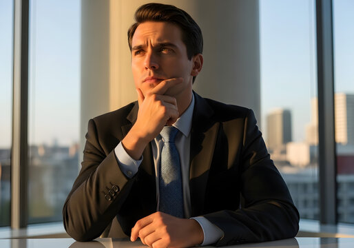 Businessman thinking with hand on chin at office desk, contemplating decision making concept