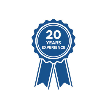 A minimalist blue vector award ribbon badge featuring the text 20 years experience isolated on a white background concept of professional expertise