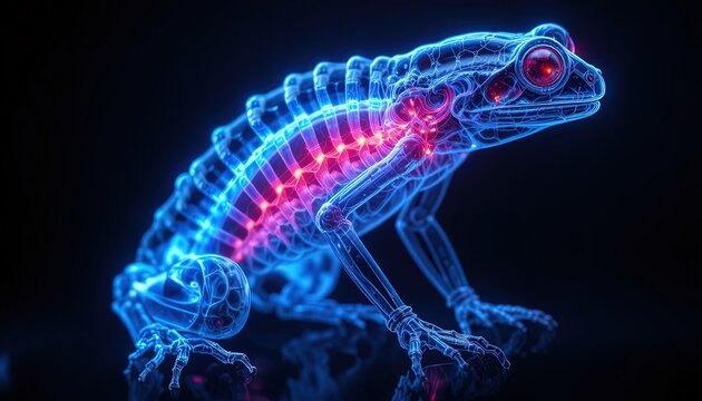 Digital illustration depicts the internal anatomy of a glowing frog with neon blue skeleton and red nervous system.