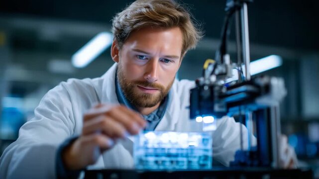 426Single biomedical engineer adjusting 3D bioprinting parameters for customized pharmaceutical tablet production in compact laboratory workspace, precision dispensing system creating