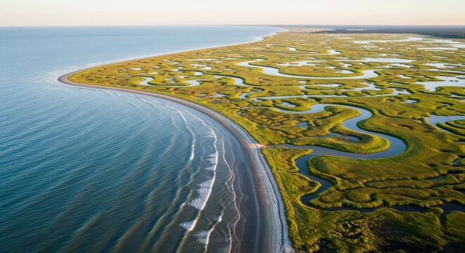 Aerial view of a serene coastal landscape with winding river streams flowing into the ocean surrounded by lush greenery and a sandy beach shoreline.