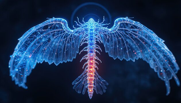 Glowing skeletal wings spread wide against a dark background display intricate anatomical detail and ethereal energy.