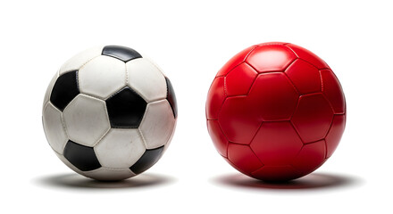 Fototapeta premium Two soccer balls, one black and white and the other red, sitting side by side on a plain white background