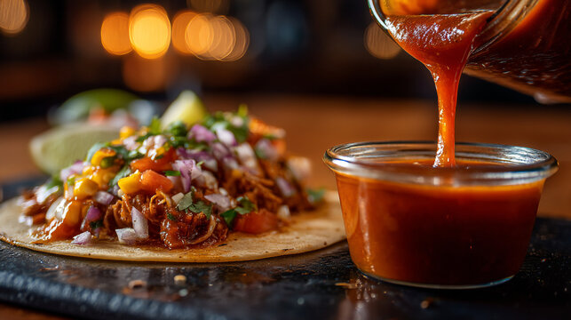 A delicious taco being drizzled with savory sauce