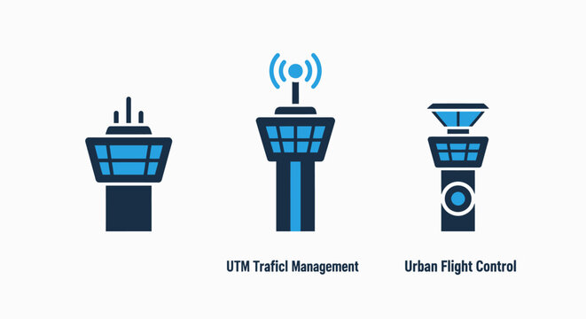 Air traffic control tower icons representing utm traffic management and urban flight control systems with management aviation navigation aerospace communication transport transportation