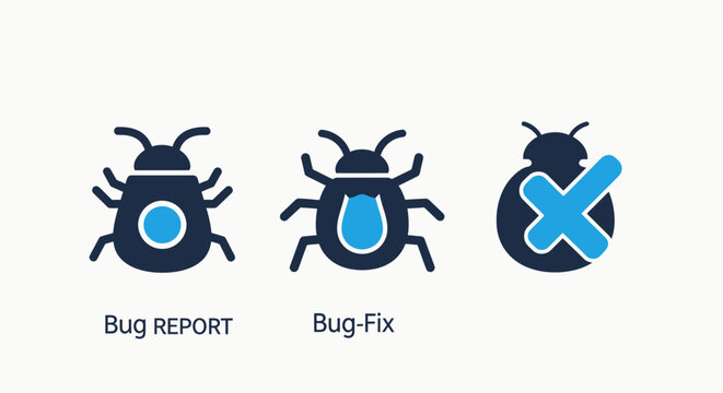 Set of software bug management icons including bug report bug fix and error handling with software development debugging programming computer application technology solution technical