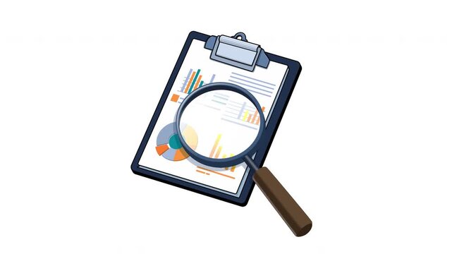 Searching for Business Insights. Animated Magnifying Glass on Clipboard with Statistics