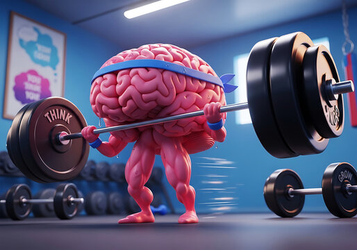 Creative 3D Character Illustration of a Human Brain Lifting Heavy Barbell in a Gym Setting