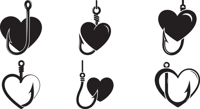 A black heart shaped fishing hook design on transparent background silhouette. Black heart shaped fishing hook design vector illustration.