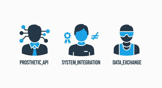 Digital technology and computing icons set representing prosthetic api system integration and data exchange concepts with technology computing integration exchange prosthetic software interface