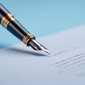 Elegant fountain pen signing document, close-up showcasing detail, precision, legal process, contract completion.