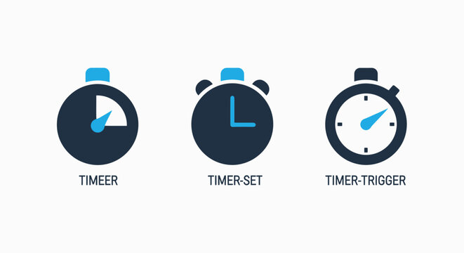 Collection of timer icons representing measurement settings and triggers with time management clock icon stopwatch icon measurement tool time set time trigger measurement settings stopwatch