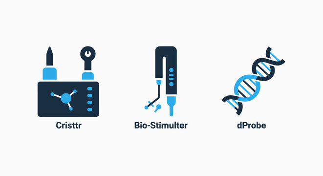 Collection of scientific and medical icons representing crittr bio-stimulator d probe genetic helix genetics biotechnology stimulator clinical research laboratory experiment molecule