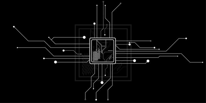 Abstract white circuit board lines and nodes on a black background with a central square processor technology