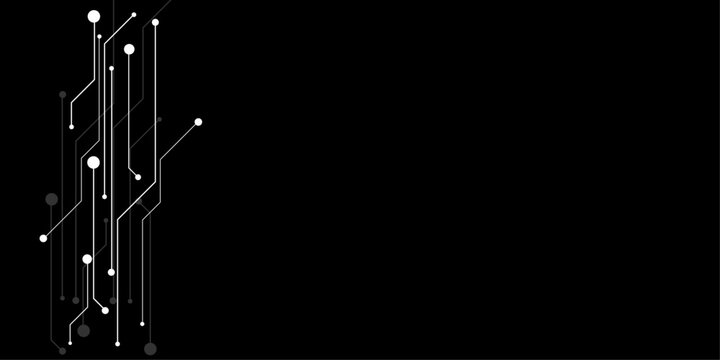 Abstract circuit board lines and circles on black background with white and gray technology