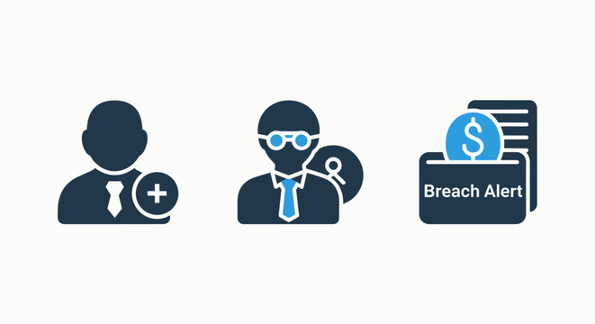 Security and financial breach alert icons featuring user profile and data protection security protection interface business corporate identity notification document employee technology