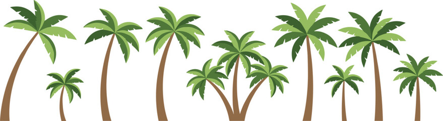 Row of tropical palm trees with curved trunks and green foliage in flat vector illustration isolated on light background for summer beach landscape design © MstLinaAkter