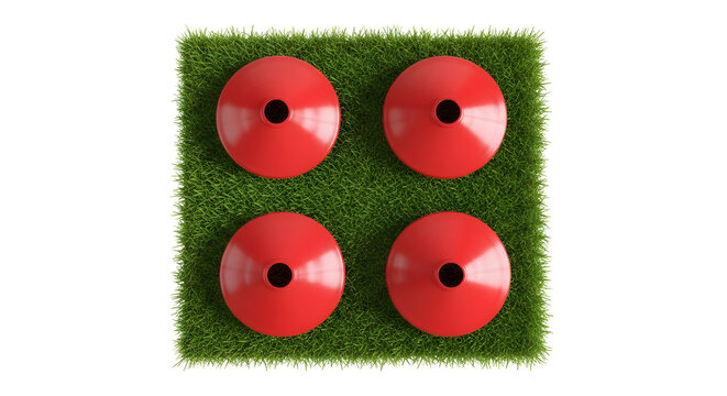 A square patch of green grass with four shiny red circles on transparent background