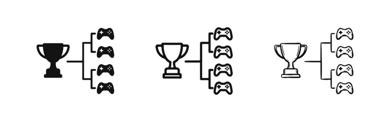 E-sports Gaming Tournament Bracket with Trophy and Game Controllers Icon Set © drawing lines