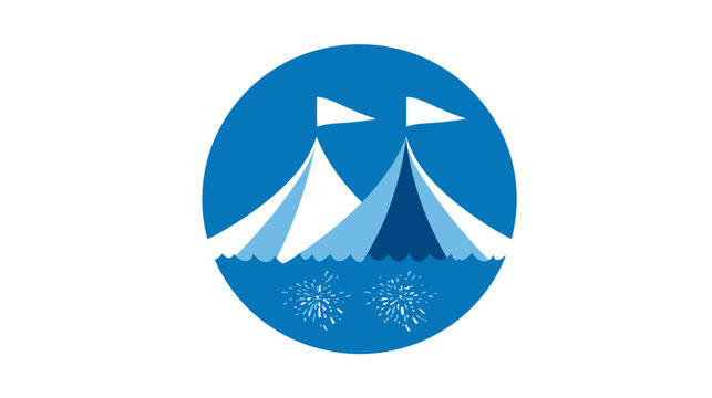 Abstract circus tent illustration with flags and fireworks in a blue circle