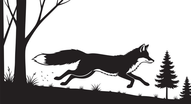 Black fox silhouette, running fox, wildlife icon, forest animal